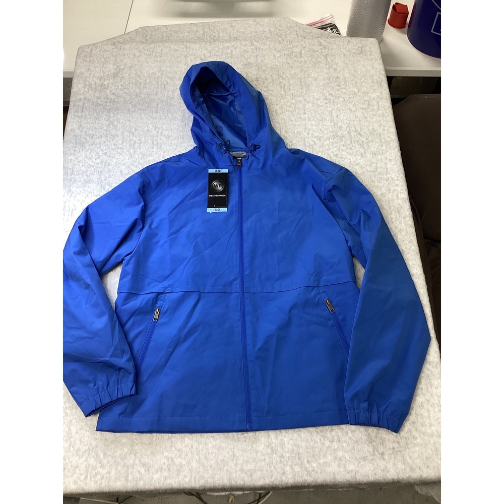 Weatherproof Mens Rain Jacket Blue Hooded Full Zip Mesh Lined Large NEW